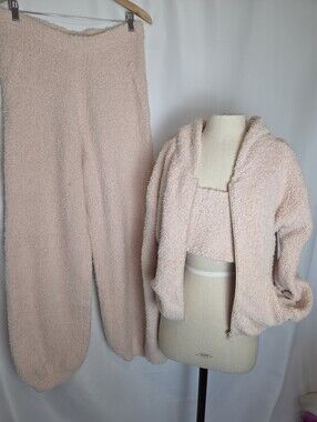 Skims Three Piece Cozy Set Pink Jogger Pants Hoodie Cropped Tank
